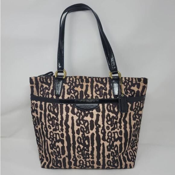 Coach Ocelot Leopard Animal Print Canvas Tote Bag Handbag Purse Tan Brown - Picture 1 of 10